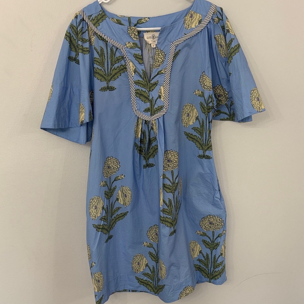 Umgee Blue Dress with Green Floral Accents